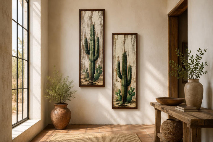 Saguaro Cactus Painting | Set of 2 Vertical Narrow Wall Art - Rustic Desert Canvas Prints