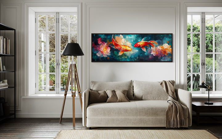 Colorful Koi Fish In The Pond Long Narrow Framed Canvas Wall Art in a living room with a couch and a painting on the wall