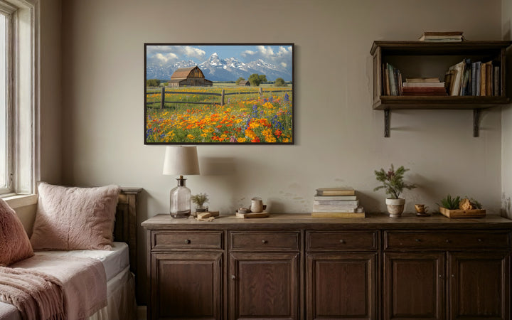 Pretty Old Barn In Spring's Floral Landscape Framed Canvas Wall Decor in living room