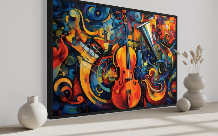 Abstract Musical Instruments Framed Canvas Wall Art in music room side view