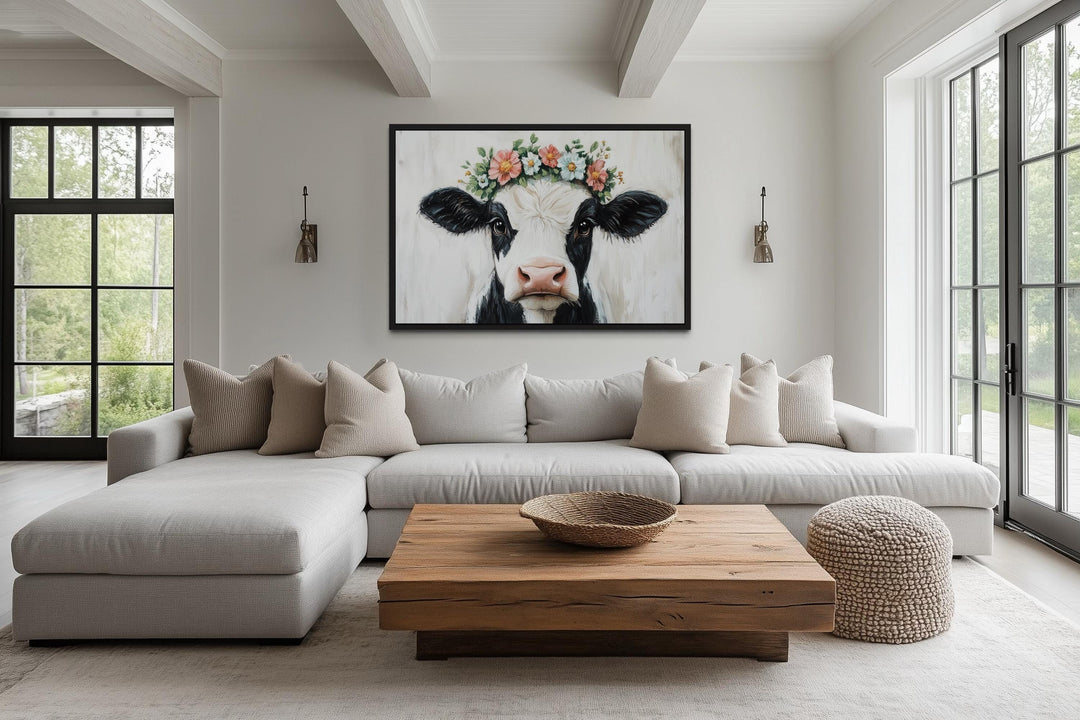 Cow With Floral Wreath Canvas Wall Art – Rustic Farmhouse Floral Decor