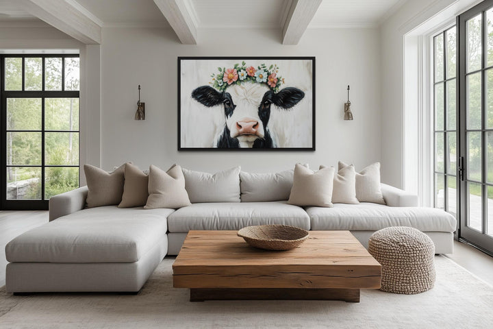 Cow With Floral Wreath Canvas Wall Art – Rustic Farmhouse Floral Decor