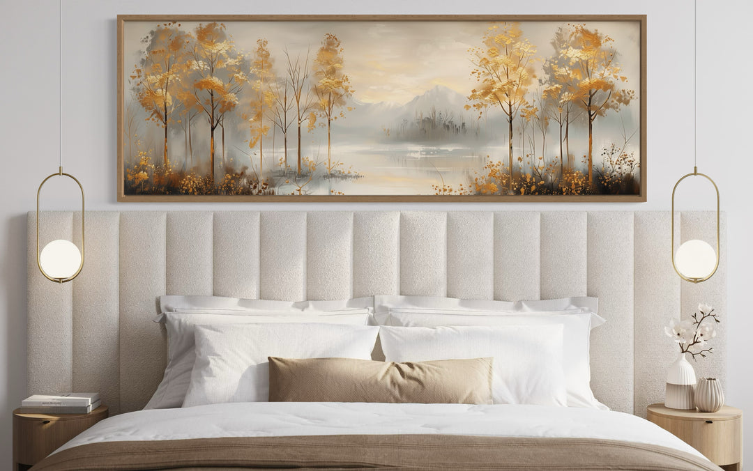 Golden Autumn Forest Panoramic Canvas Wall Art above bed