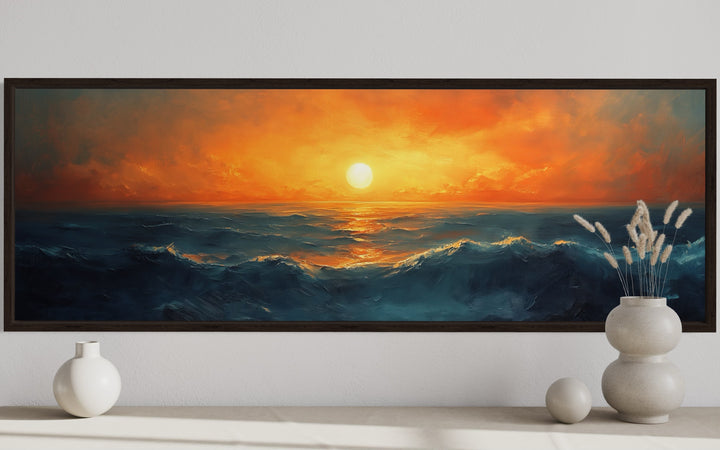 Ocean Sunset Long Horizontal Framed Canvas Wall Art close up