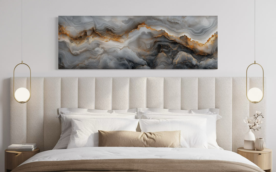 White Gold Black Marble Painting Long Narrow Canvas Wall Art in bedroom