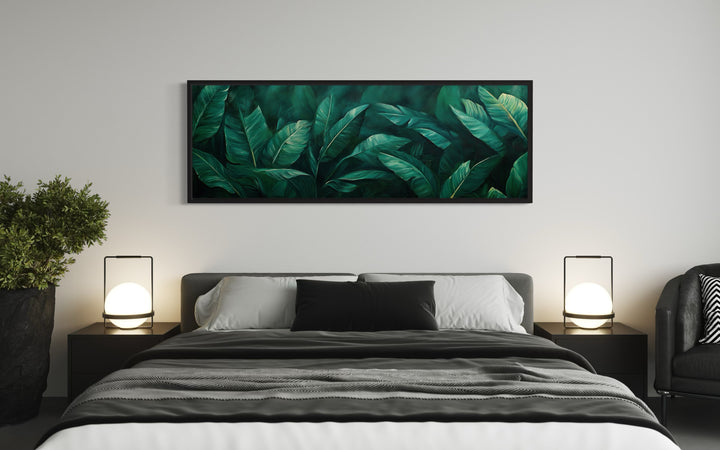 Green Tropical Leaves Long Narrow Horizontal Framed Canvas Wall Art above bed