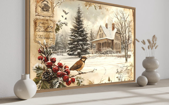 Vintage Christmas Postcard And Winter Bird and House Canvas Wall Art