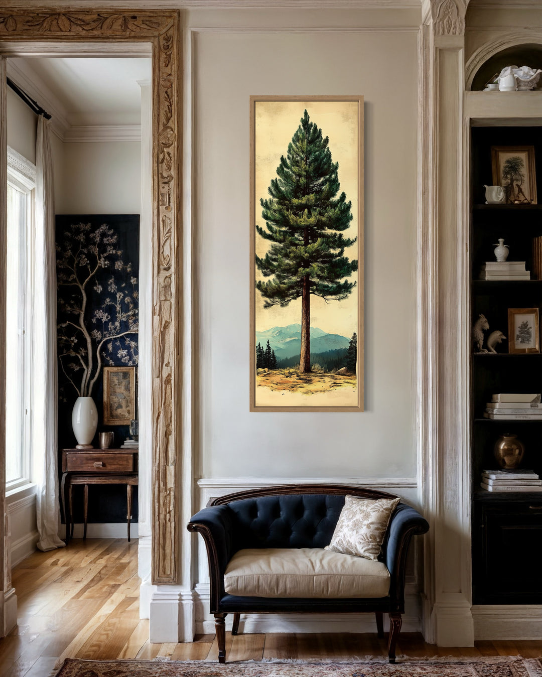 Tall Narrow Vertical Rustic Pine Tree Framed Canvas Wall Art on narrow wall