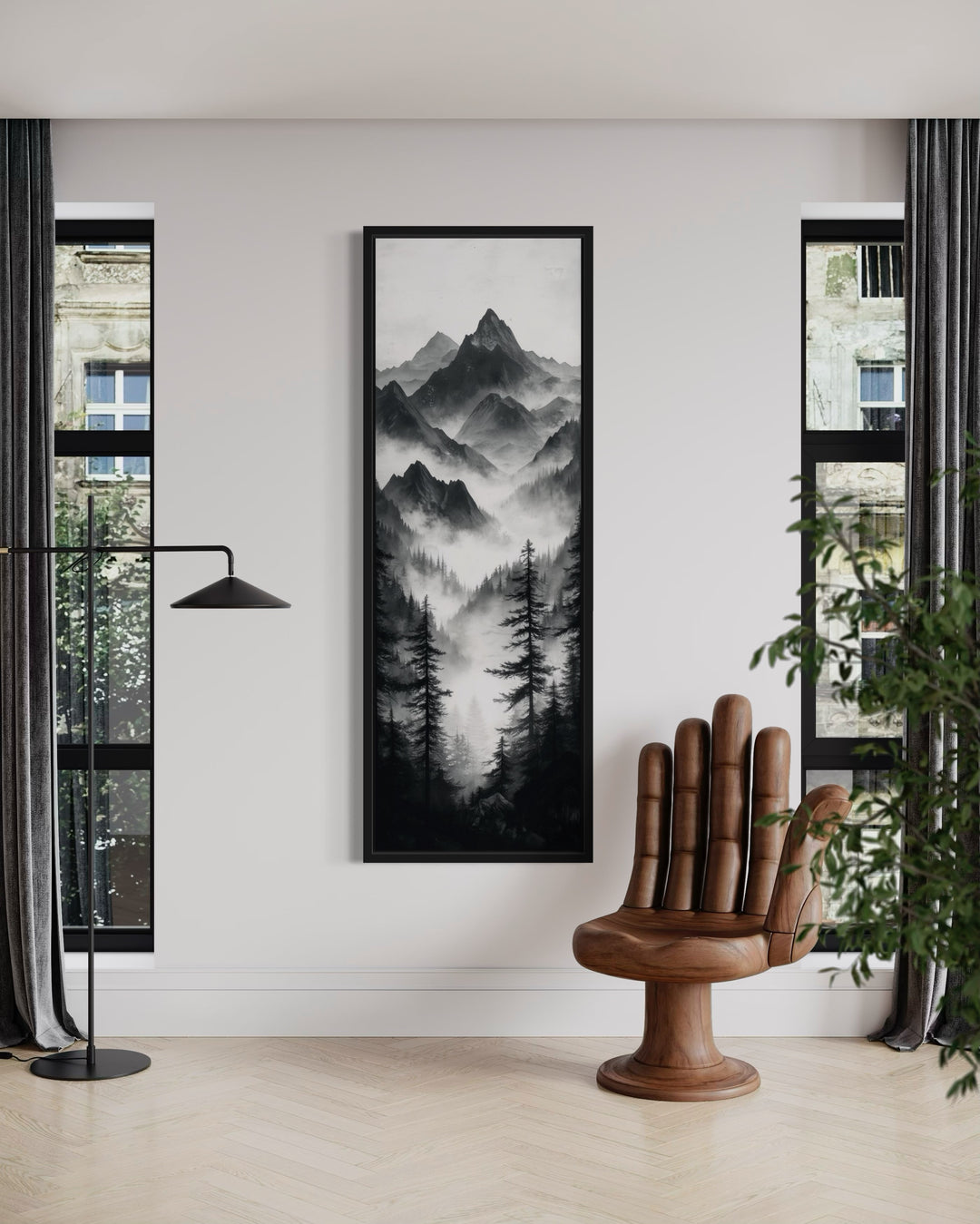 Black And White Foggy Mountain Forest Long Vertical Canvas Wall Art in living room