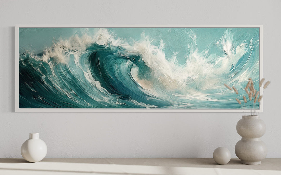 Teal Ocean Wave Coastal Horizontal Framed Canvas Wall Art close up