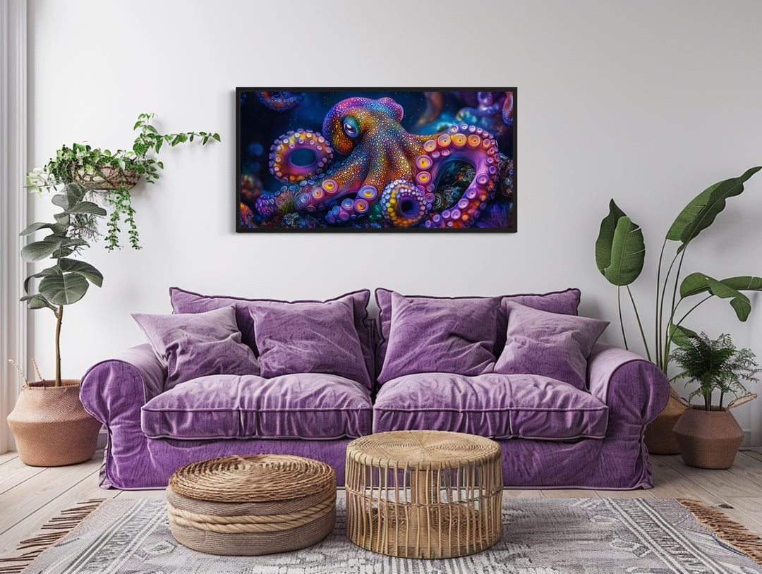 Trippy Octopus Framed Canvas Wall Art above purple couch