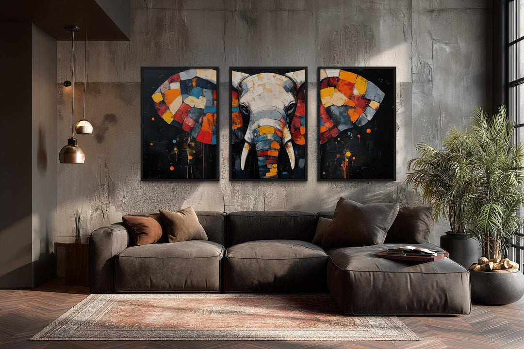Modern Abstract Colorful  Elephant Wall Art Set of 3