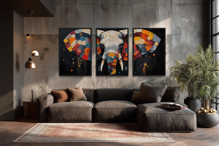 Modern Abstract Colorful  Elephant Wall Art Set of 3