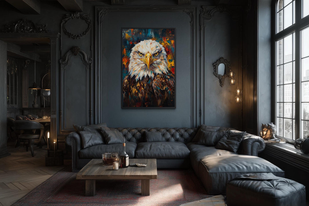 Bald eagle canvas wall art with colorful abstract brushstrokes in a dark, modern living room.