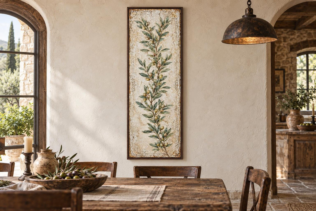 Tall vertical canvas wall art featuring a green olive branch on a textured, aged cream background.