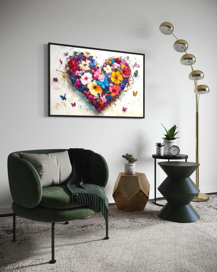 Pink Floral Heart With Butterflies Wall Art - Colorful Romantic Graffiti Canvas Print For Living Room Or Bedroom