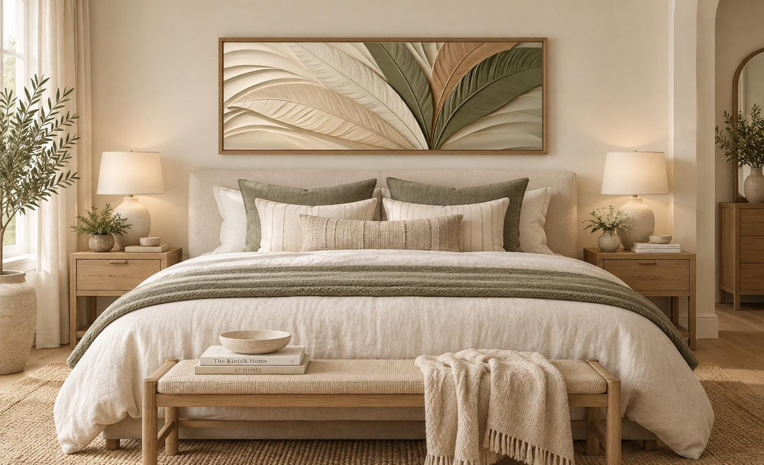 Sculptural Palm Leaf Canvas Print in Warm Cream, Olive, and Tan Tones Above Bed Decor