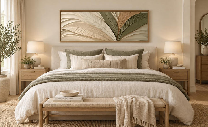 Sculptural Palm Leaf Canvas Print in Warm Cream, Olive, and Tan Tones Above Bed Decor