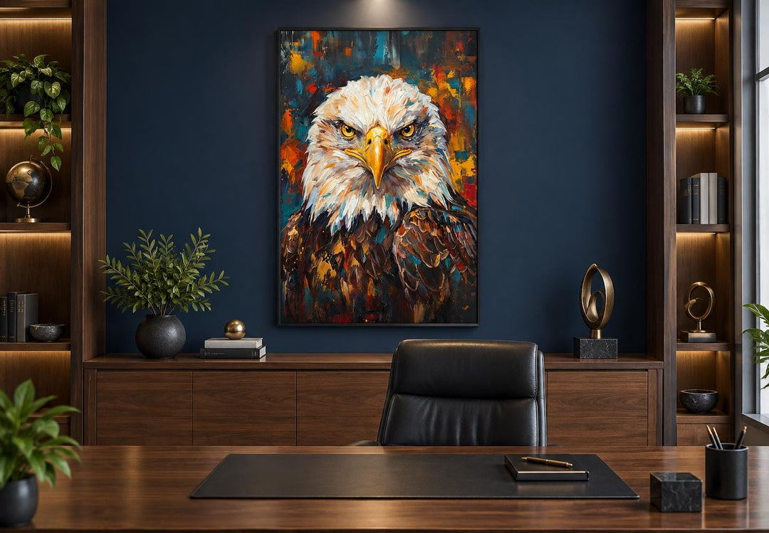 Bald eagle canvas wall art with colorful brushstrokes hanging in a dark wood paneled office.
