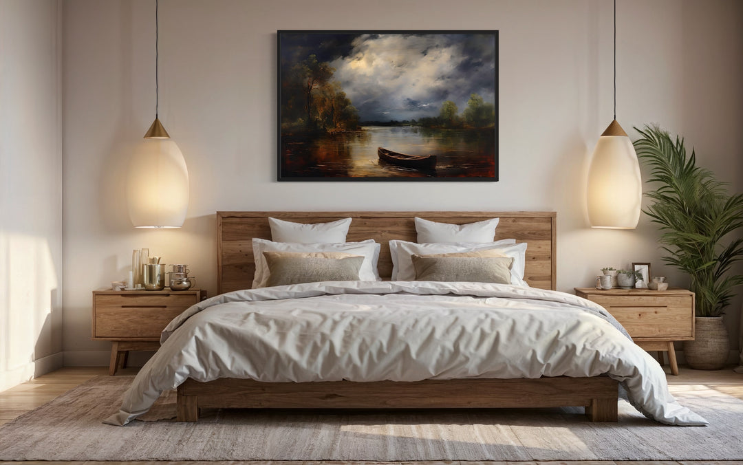 Canoe In The Lake Rustic Moody Cabin Wall Decor "Cabin Reflections" over wooden bed