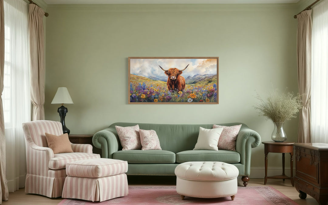 Highland Cow In Wildflower Field Framed Canvas Wall Art a living room filled with furniture