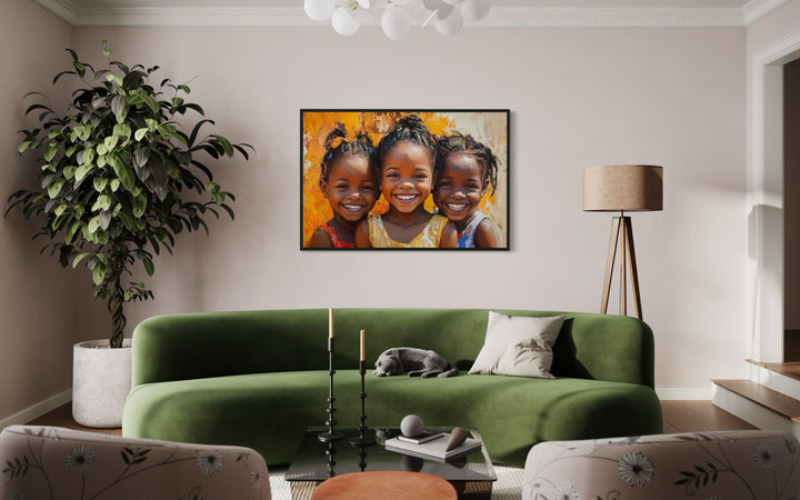 Happy Smiling Black Girls Framed Canvas Wall Art in a living room filled with furniture and a painting on the wall