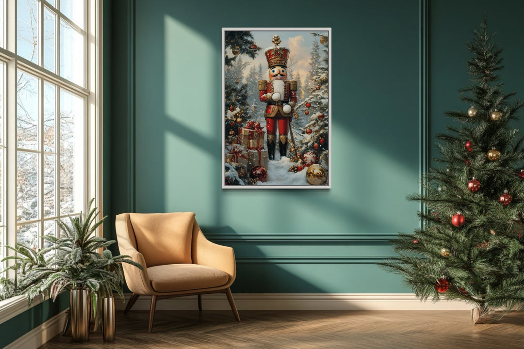 Nutcracker Under Christmas Tree Framed Canvas Wall Art in christmas room