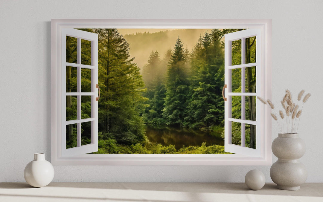Fake window wall art showing a foggy pine forest and river through an open white frame.