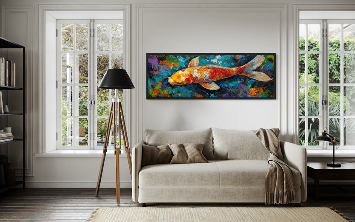 Colorful Koi Fish Long Narrow Framed Canvas Wall Art in living room