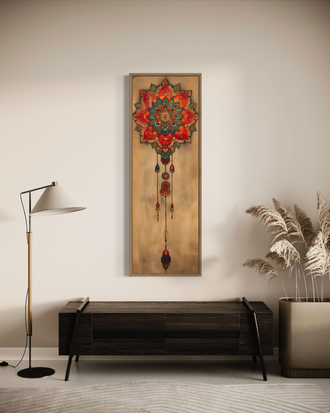 Long Vertical Boho Dreamcatcher Mandala Framed Canvas Wall Decor in hallway