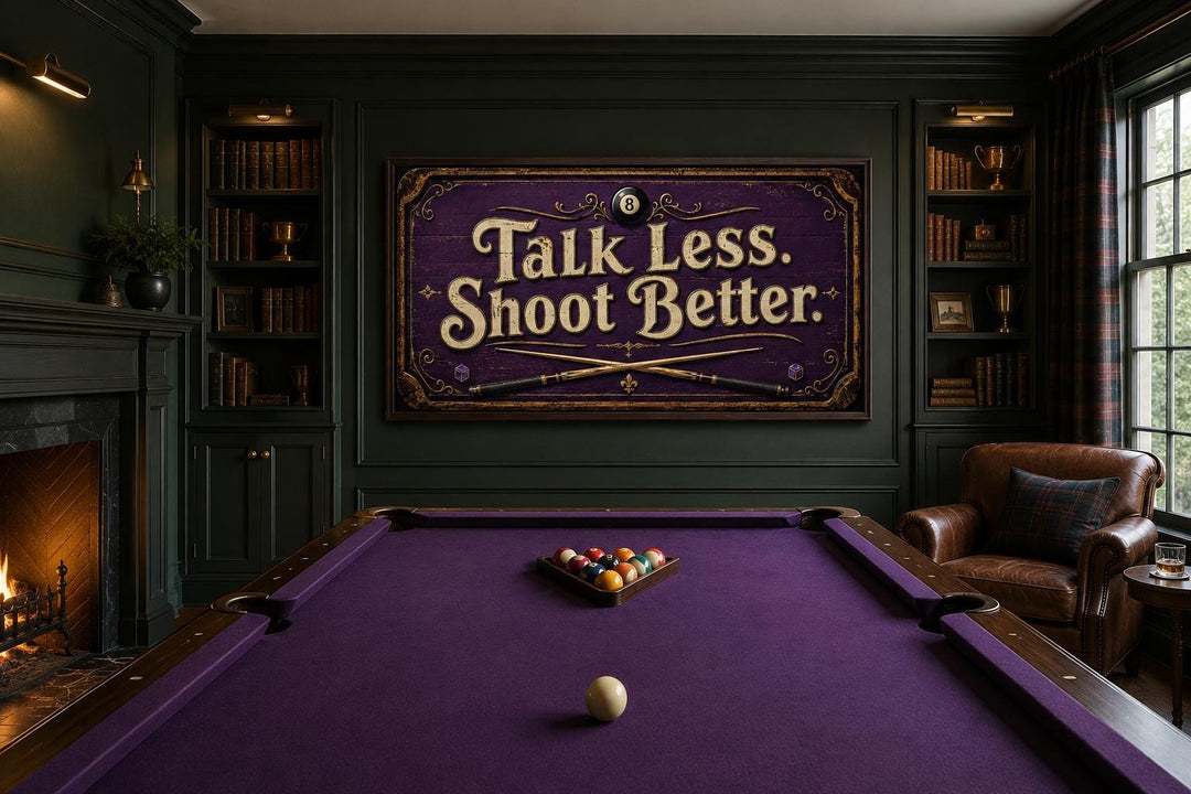 Talk Less Shoot Better Vintage Pool Hall Sign with Crossed Cues and 8-Ball, Purple Gold Billiards Wall Art