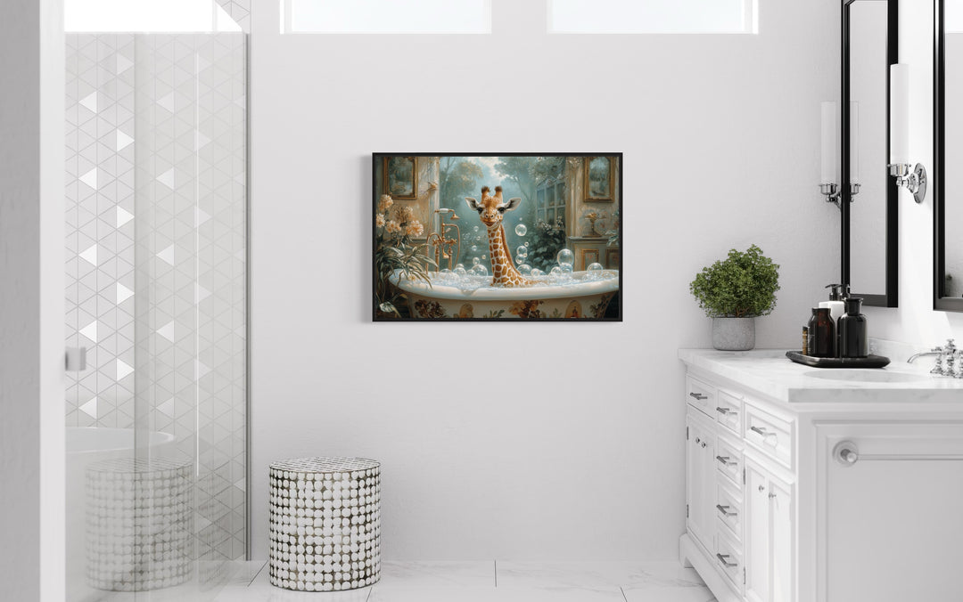 Giraffe in a Bathtub Framed Canvas Wall Art in bathroom