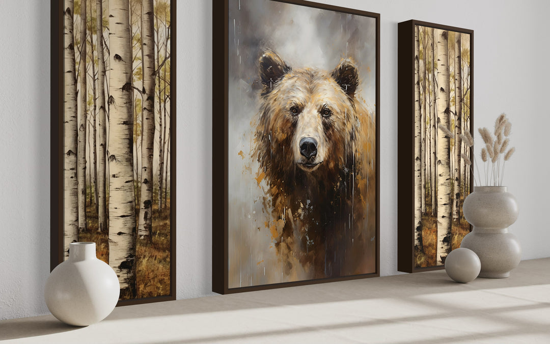 Set Of 3 Bear Flanked By Trees Framed Canvas Wall Art side view