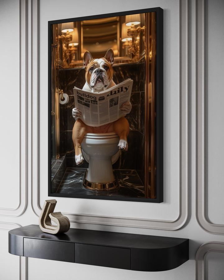 Bulldog On Toilet Reading Newspaper Framed Canvas Wall Art side view