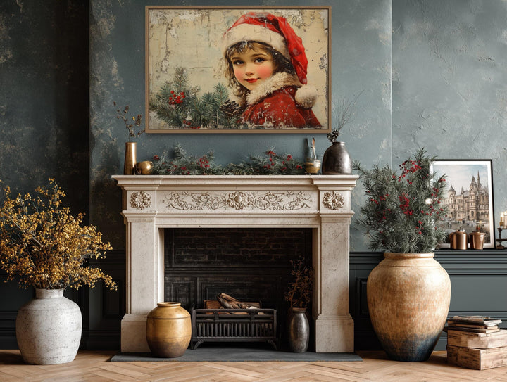 Vintage Christmas Girl in Red Santa Hat Canvas Wall Art