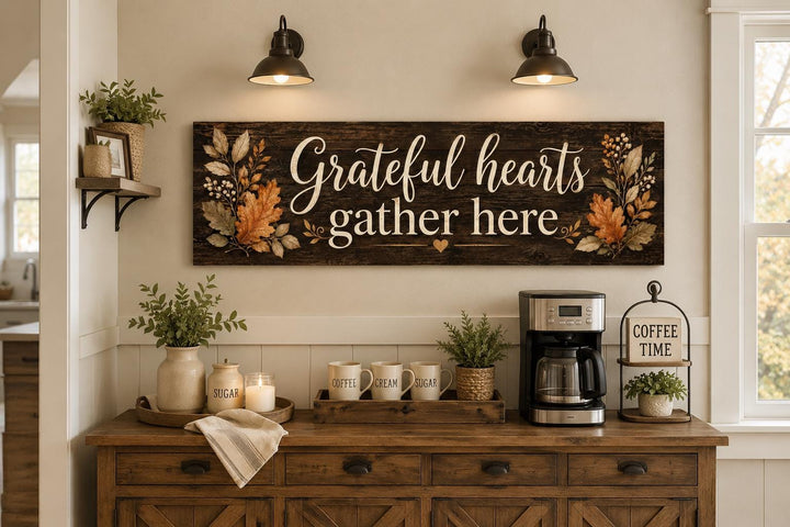 Grateful Hearts Gather Here fall farmhouse sign above a coffee station with autumn leaf accents.