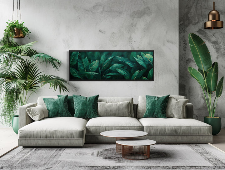 Green Tropical Leaves Long Narrow Horizontal Framed Canvas Wall Art