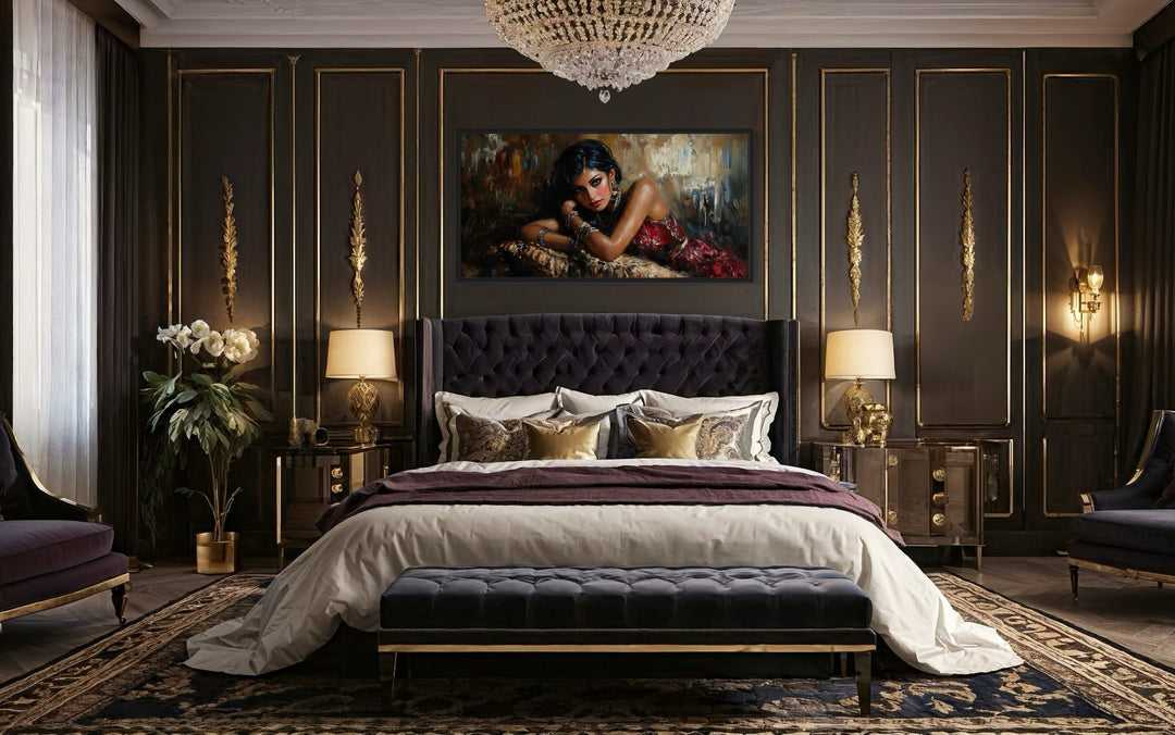 Beautiful Sexy Brunette Woman In Red Dress Framed Canvas Wall Art in a bedroom with a large bed and a chandelier