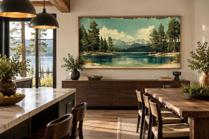 Lake, Mountains And Pine Forest Nature Vintage Style Canvas Wall Art