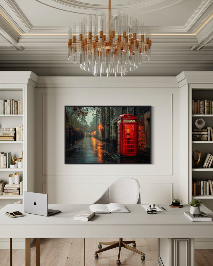 Red Phone Booth In Rainy London Street Framed Canvas Wall Art in the office