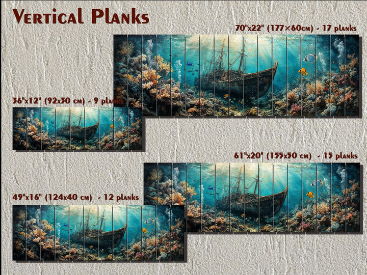 Sunken shipwreck wall art on vertical wood planks in four sizes with an underwater coral scene.