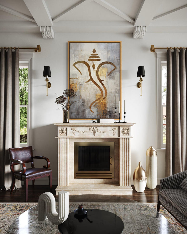 Minimalist Lord Ganesha canvas wall art with metallic gold outline over a textured neutral backdrop.