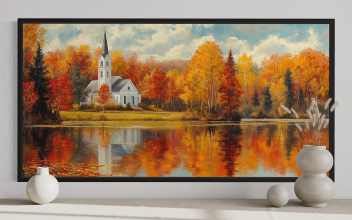 Vermont Church And Lake In The Fall New England Autumn Wall Art close up