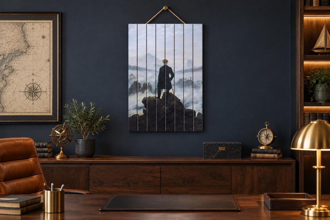 Wanderer Above the Sea of Fog printed on distressed wood planks in a dark wood-paneled study.