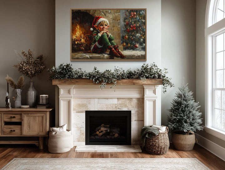 Vintage Christmas Elf by Fireplace Canvas Wall Art