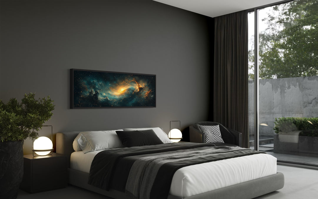 Cosmic Nebula Space Long Horizontal Canvas Wall Art in manly bedroom