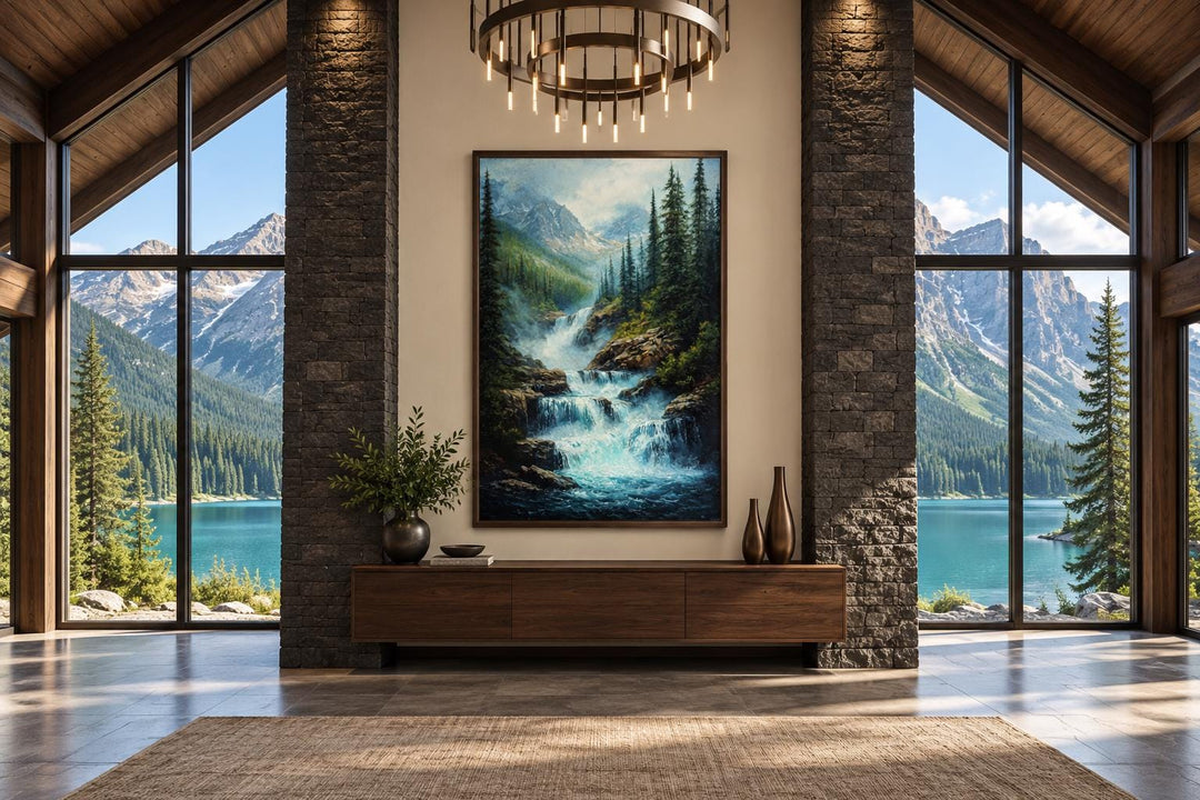 Vertical canvas wall art of a mountain waterfall with pine trees and snow-capped peaks in a room.