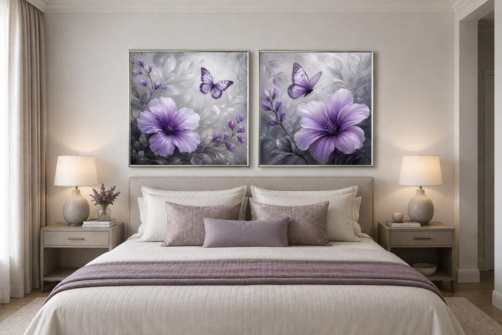 Set of 2 purple hibiscus flower and butterfly canvas prints on a moody gray floral background.