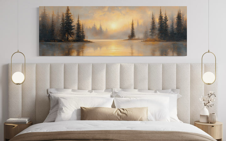 Sunrise Over Misty Lake Panoramic Over Bed Canvas Wall Art above white bed