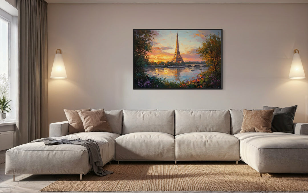 Eiffel Tower Across Seine River Framed Canvas Wall Art above couch